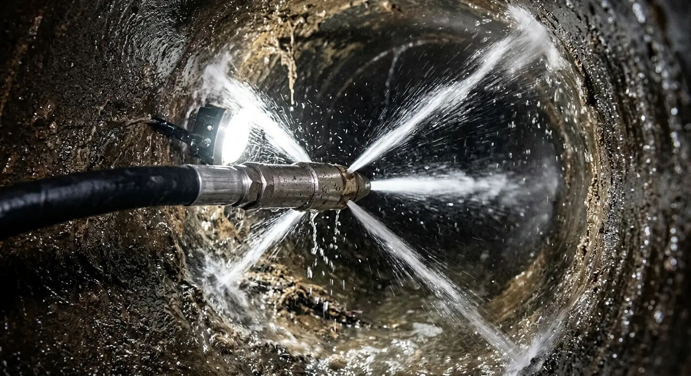 High-pressure hydro jetting nozzle cleaning sewer pipe for Storm Drain Cleaning in Ann Arbor