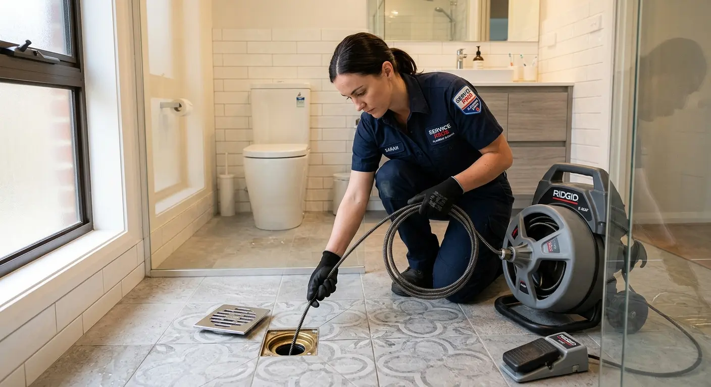 Technician clearing a bathroom floor drain for Sewer Line Installation in Ann Arbor